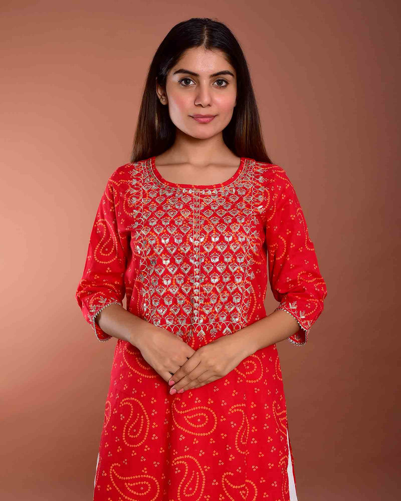 RED BANDHEJ WITH WHITE SKIRT