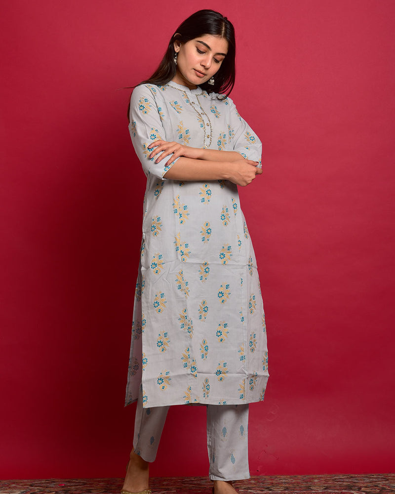 GREY COTTON KURTA SET