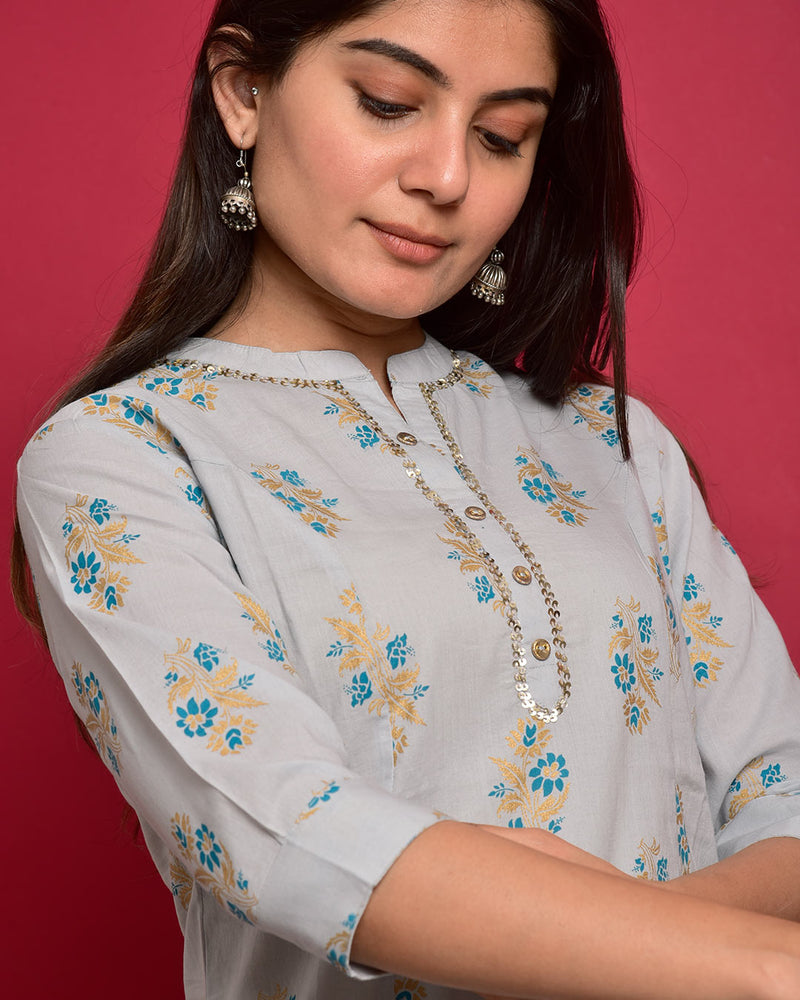 GREY COTTON KURTA SET