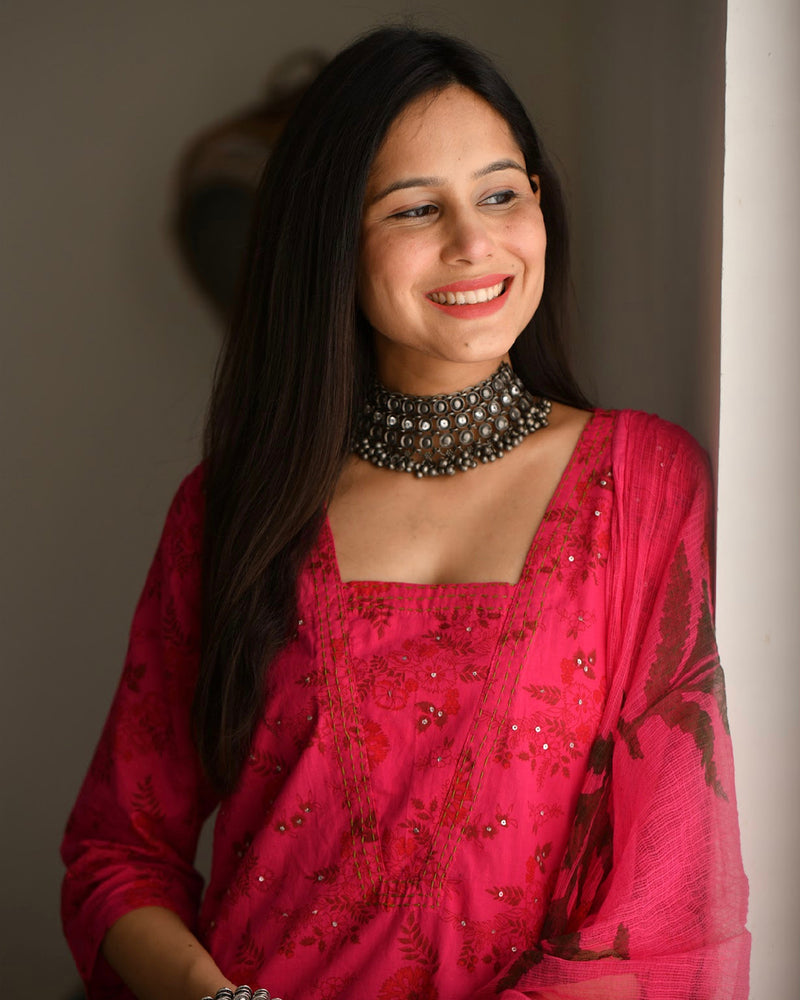 FUCHSIA PINK HANDBLOCK COTTON SUIT SET