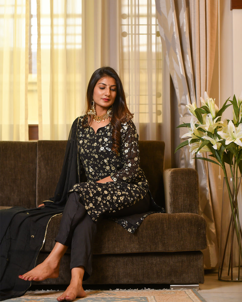 BLACK SEQUIN WORK SUIT SET