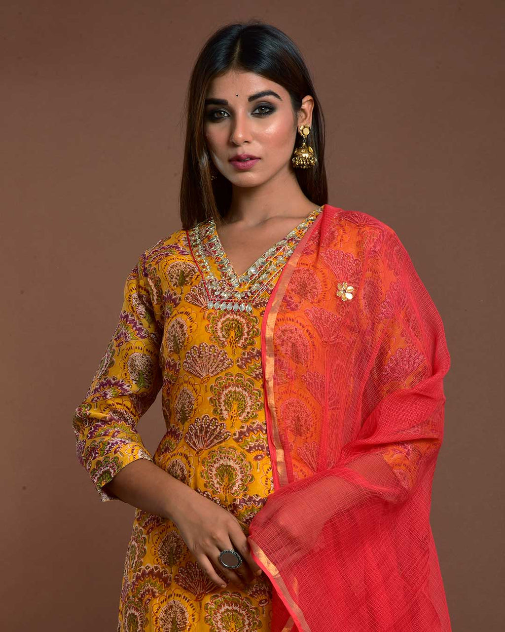 YELLOW & RED HANDBLOCK SUIT SET