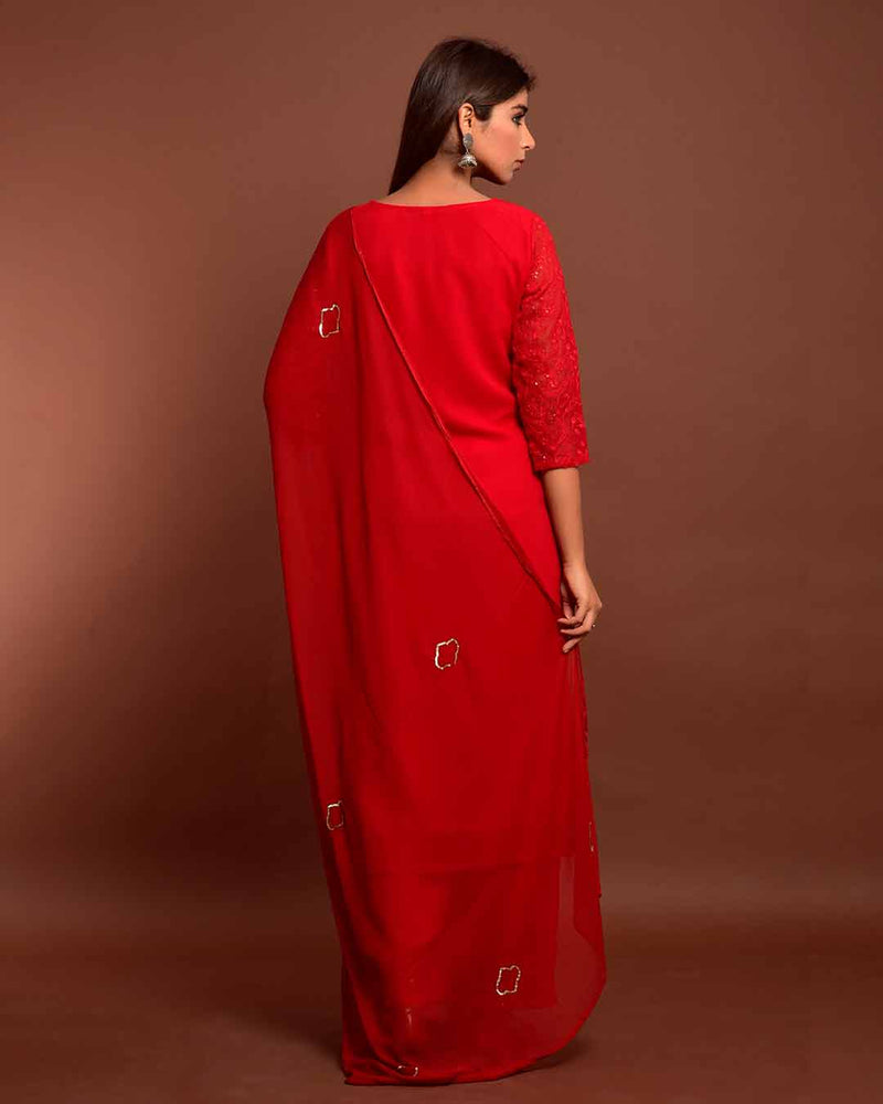 CHERRY RED GEORGETTE EMBROIDERED SUIT SET