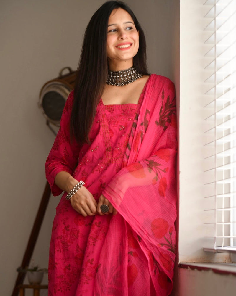 FUCHSIA PINK HANDBLOCK COTTON SUIT SET