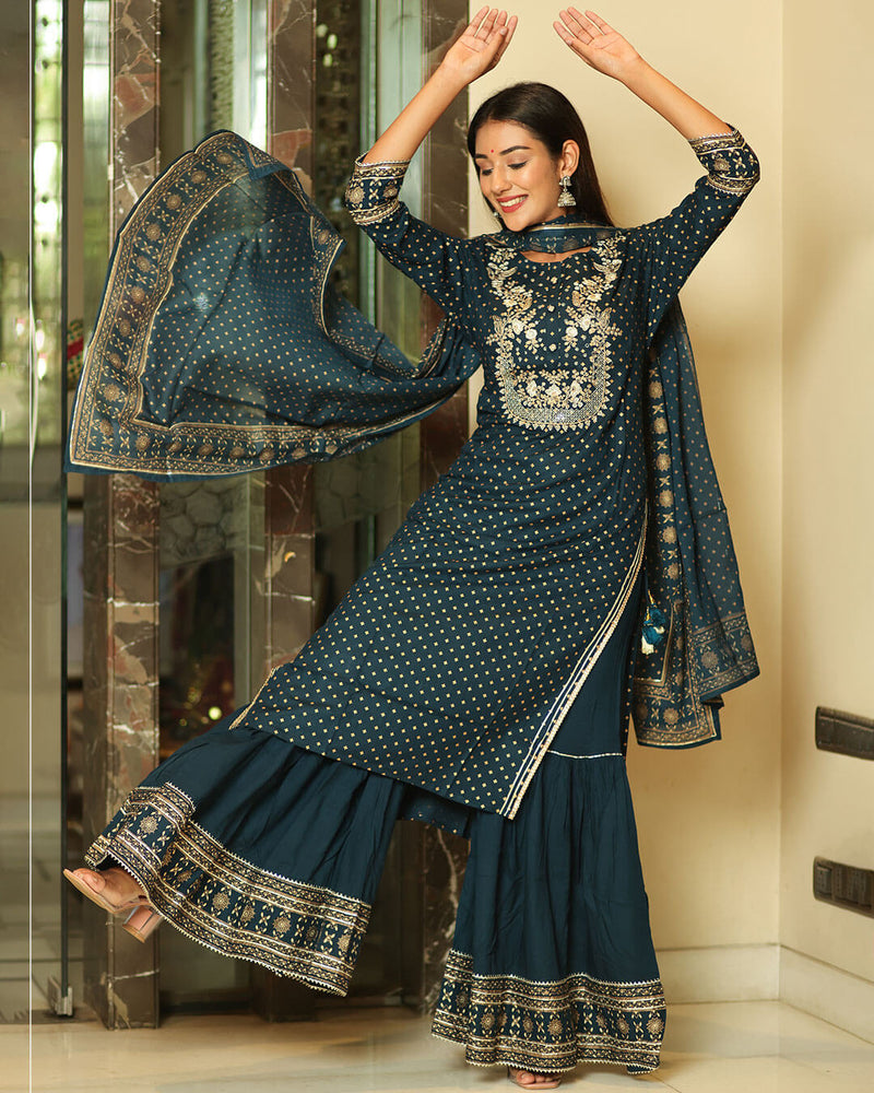 PRUSSIAN BLUE RAYON SHARARA SET WITH GOLD PRINT