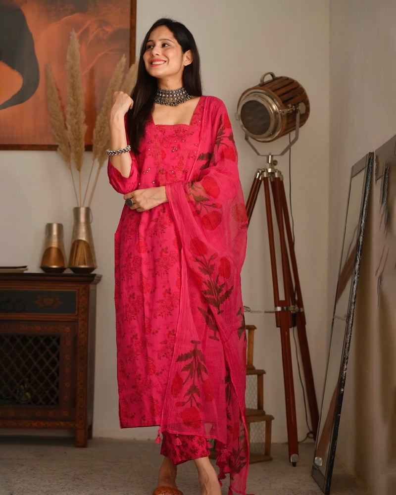 FUCHSIA PINK HANDBLOCK COTTON SUIT SET