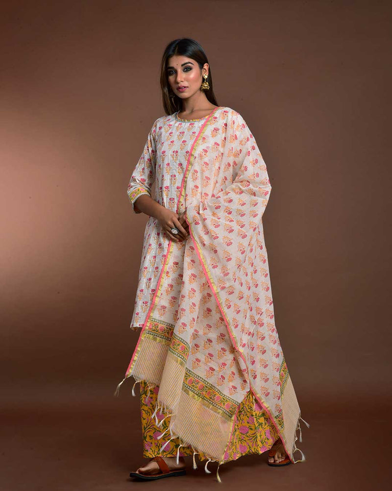 WHITE & YELLOW HANDBLOCK GHARARA SET