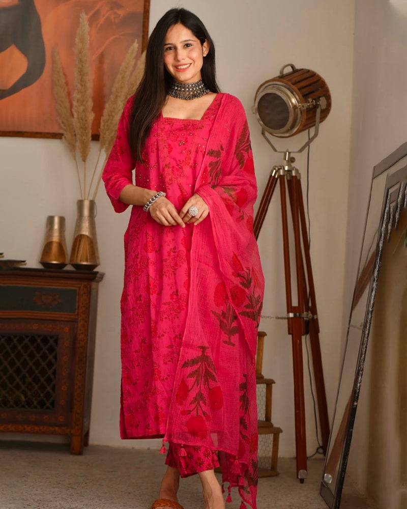 FUCHSIA PINK HANDBLOCK COTTON SUIT SET