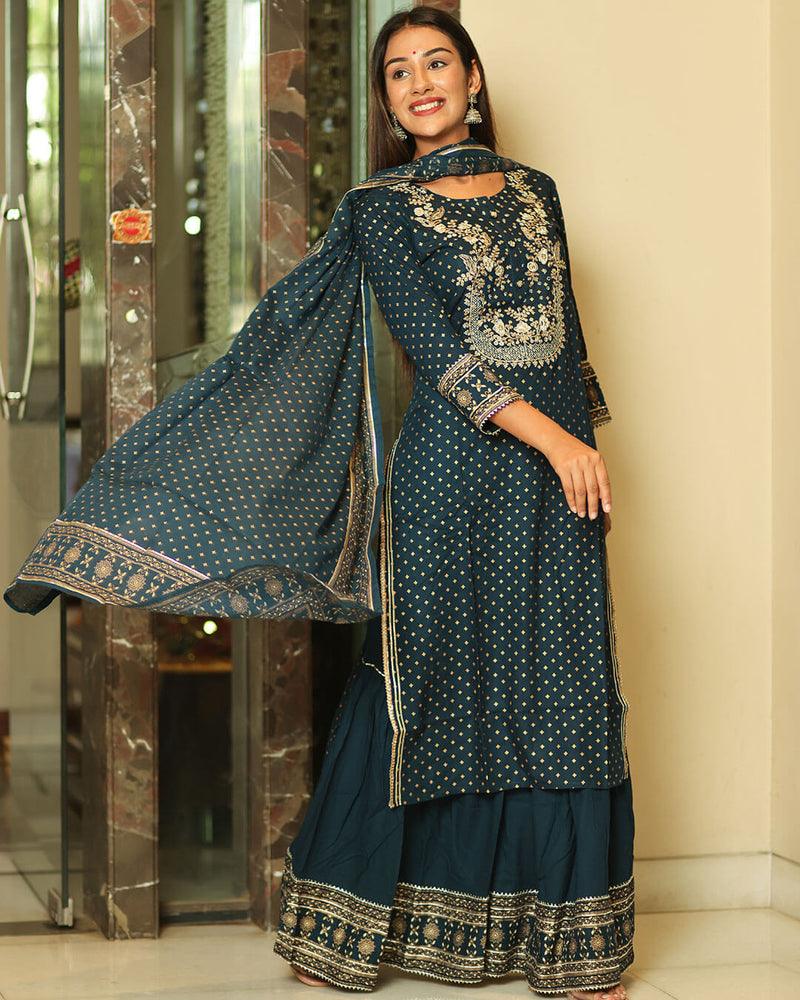 PRUSSIAN BLUE RAYON SHARARA SET WITH GOLD PRINT