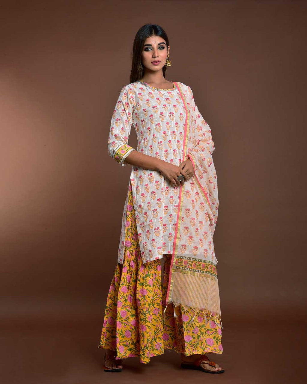 WHITE & YELLOW HANDBLOCK GHARARA SET