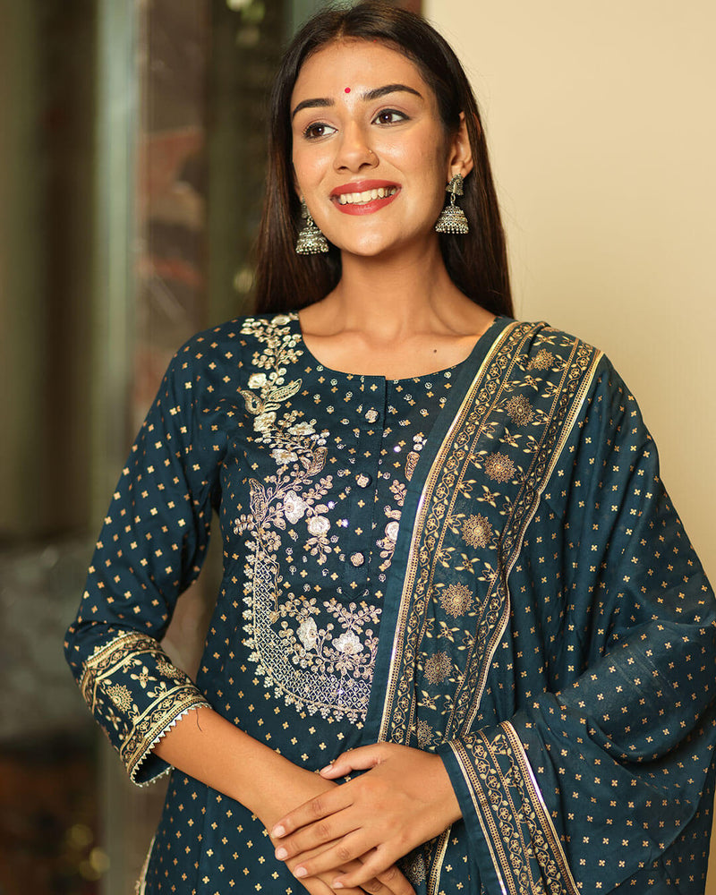 PRUSSIAN BLUE RAYON SHARARA SET WITH GOLD PRINT