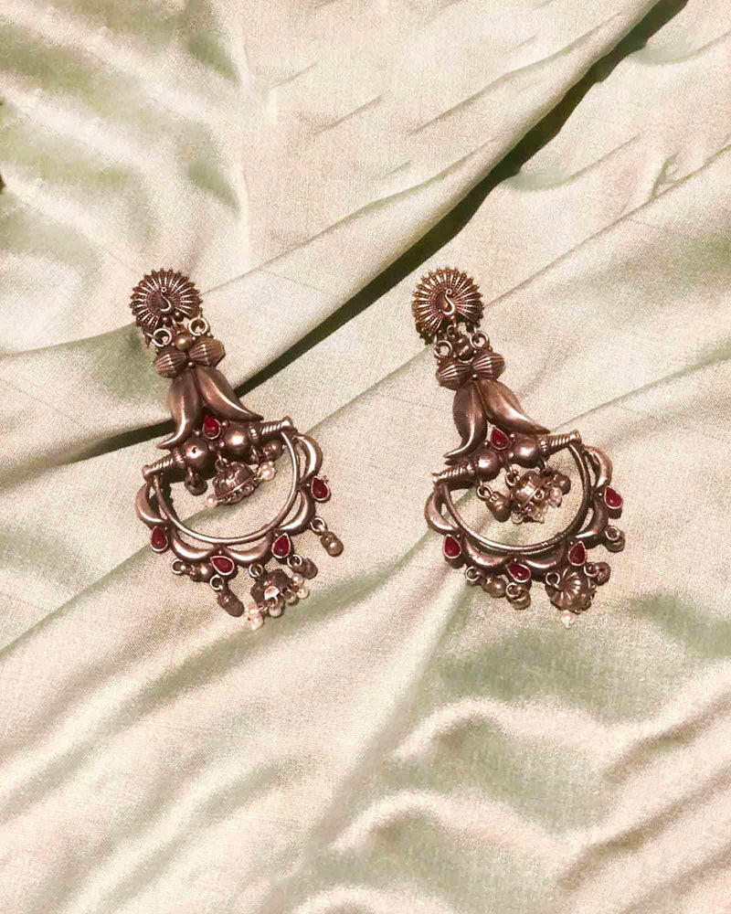 RED & SILVER TONE LONG EARRINGS