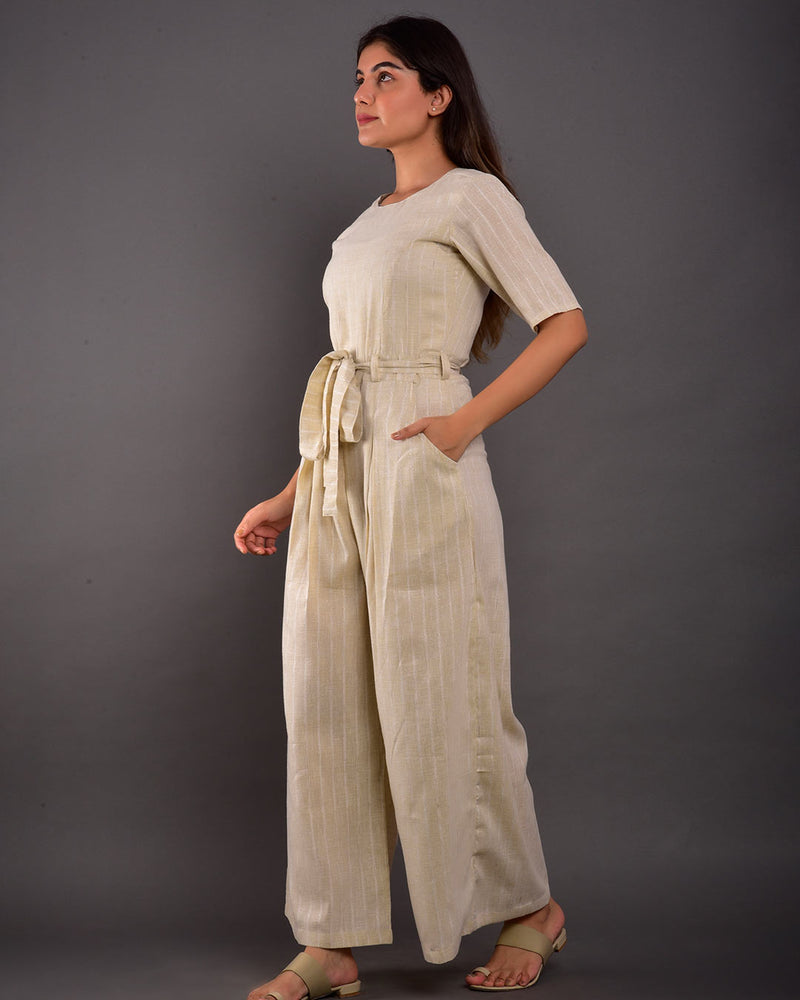 BEIGE COTTON BELTED JUMPSUIT