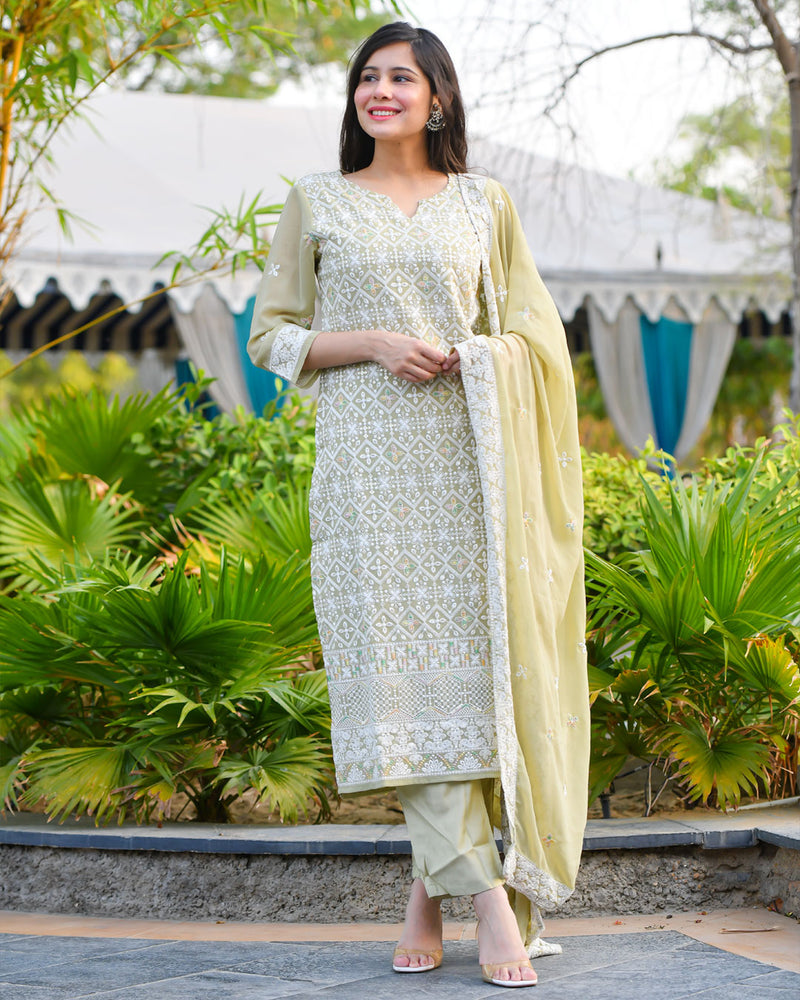 OLIVE GEORGETTE SUIT SET WITH EMBROIDERY