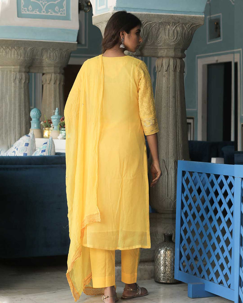 YELLOW CHIKAN EMBROIDERED SUIT SET