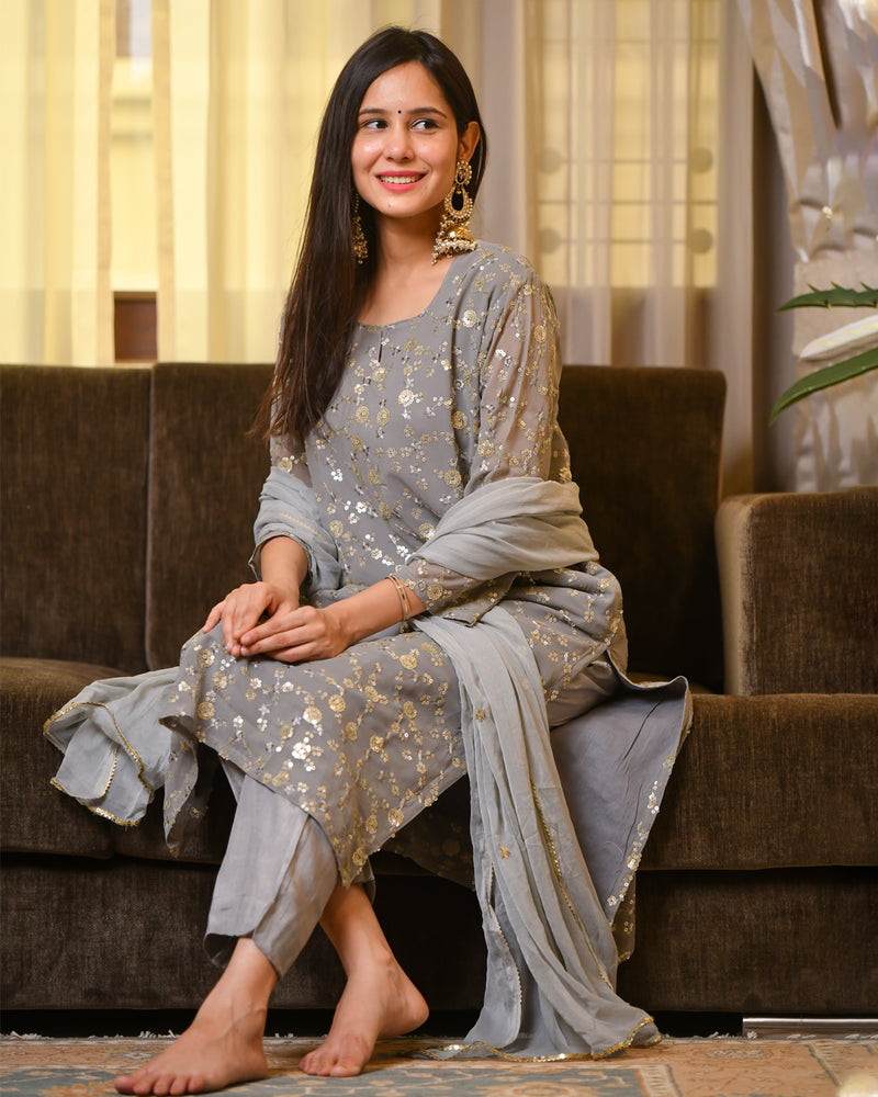 GREY SEQUIN WORK SUIT SET
