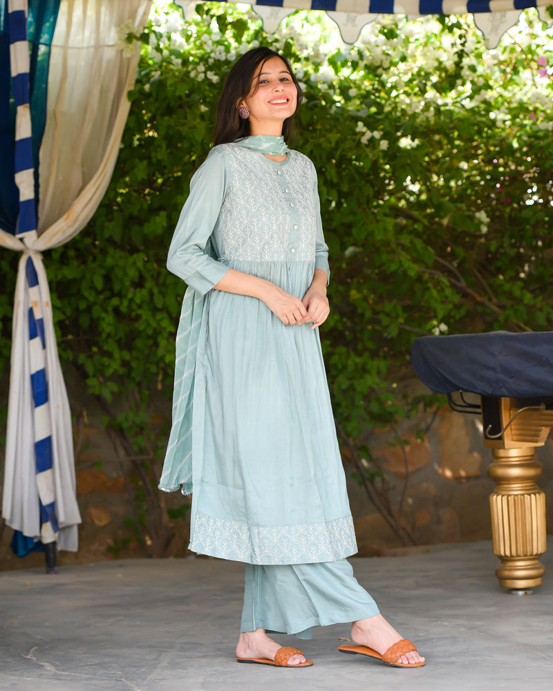 FERN GREEN MUSLIN SUIT SET WITH EMBROIDERY