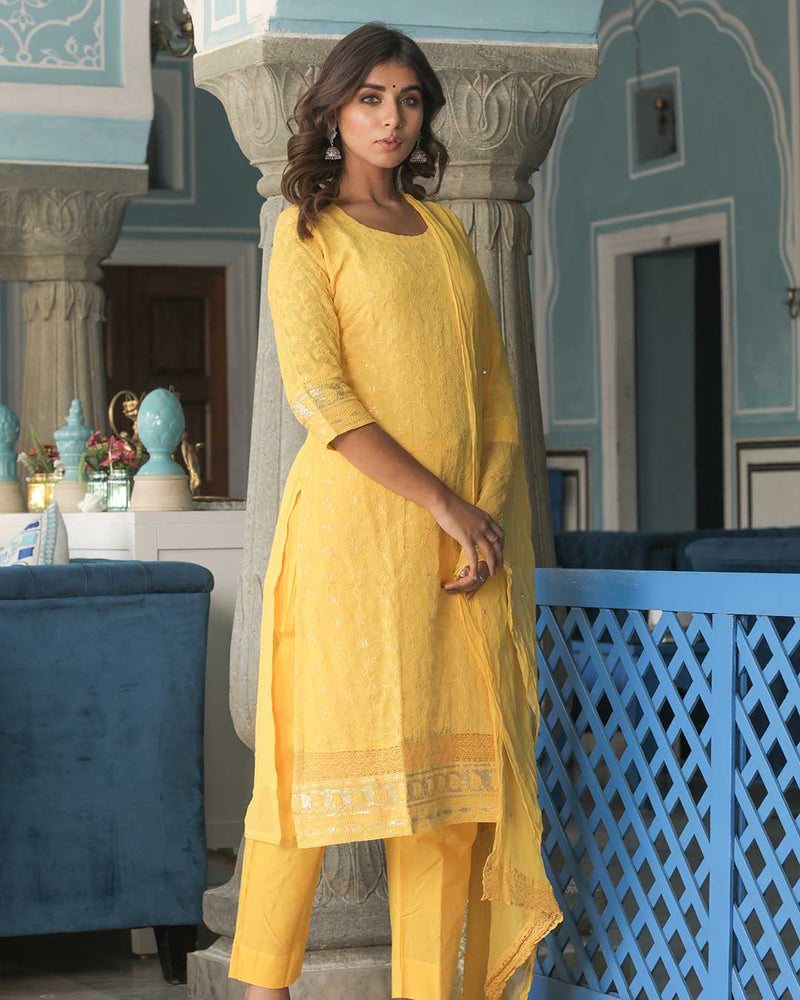 YELLOW CHIKAN EMBROIDERED SUIT SET