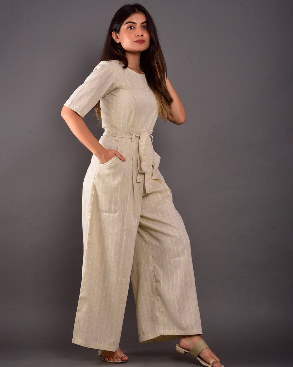 BEIGE COTTON BELTED JUMPSUIT