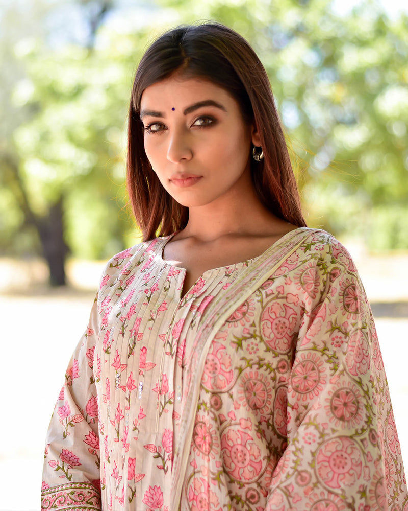WHITE & PINK FLORAL HANDBLOCK SUIT SET