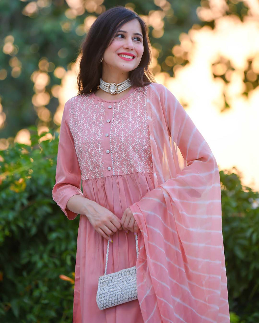 PEACH PINK MUSLIN SUIT SET WITH CHIFFON DUPATTA