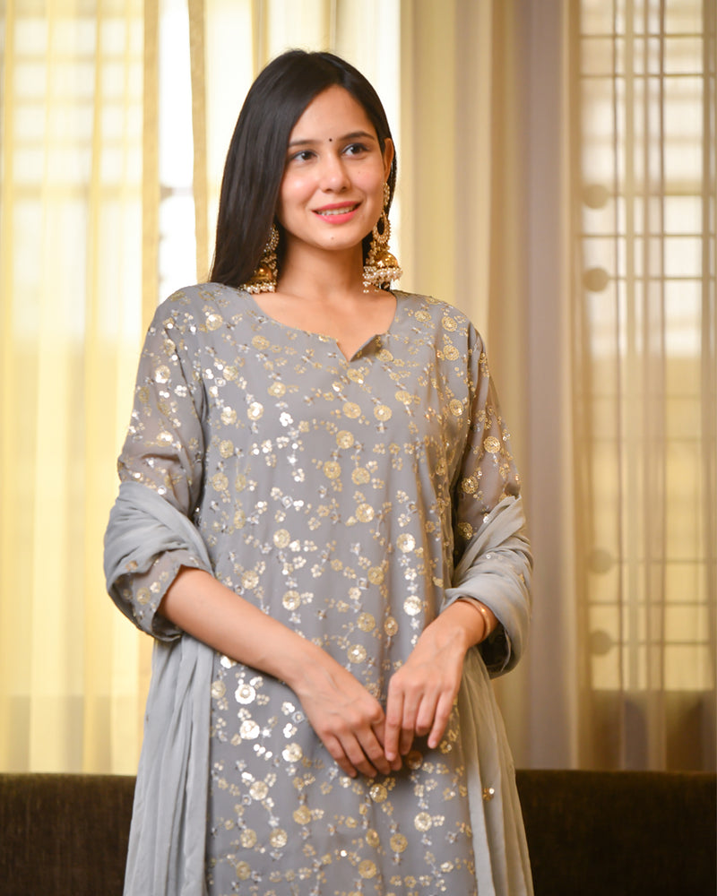 GREY SEQUIN WORK SUIT SET