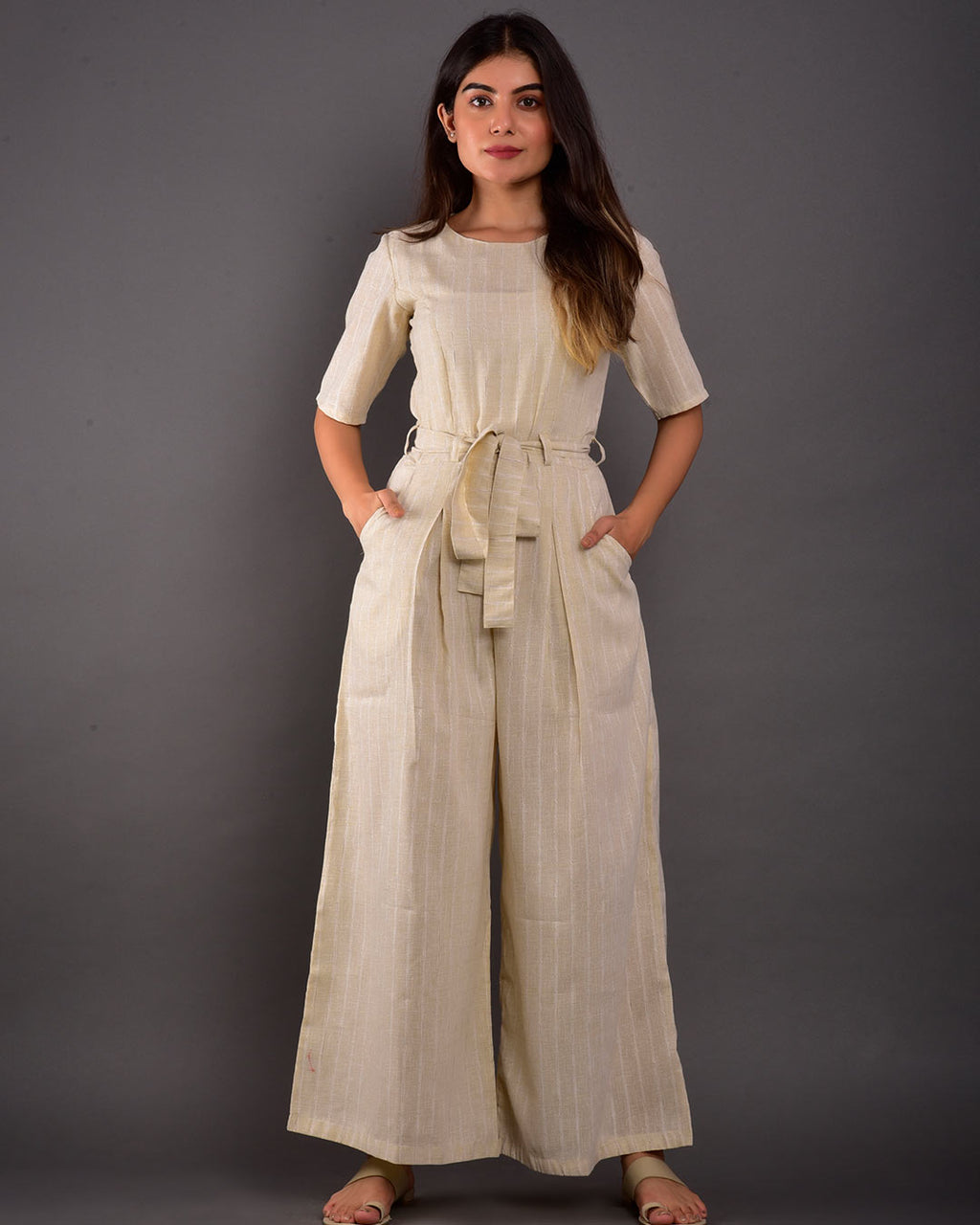 BEIGE COTTON BELTED JUMPSUIT