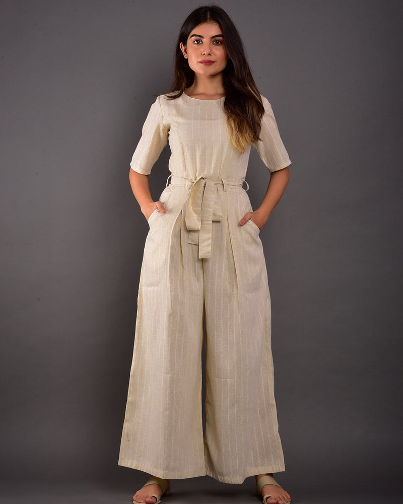 BEIGE COTTON BELTED JUMPSUIT