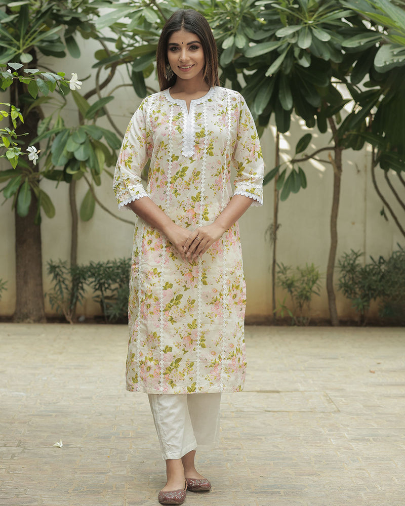 WHITE FLORAL COTTON KURTA WITH LACE