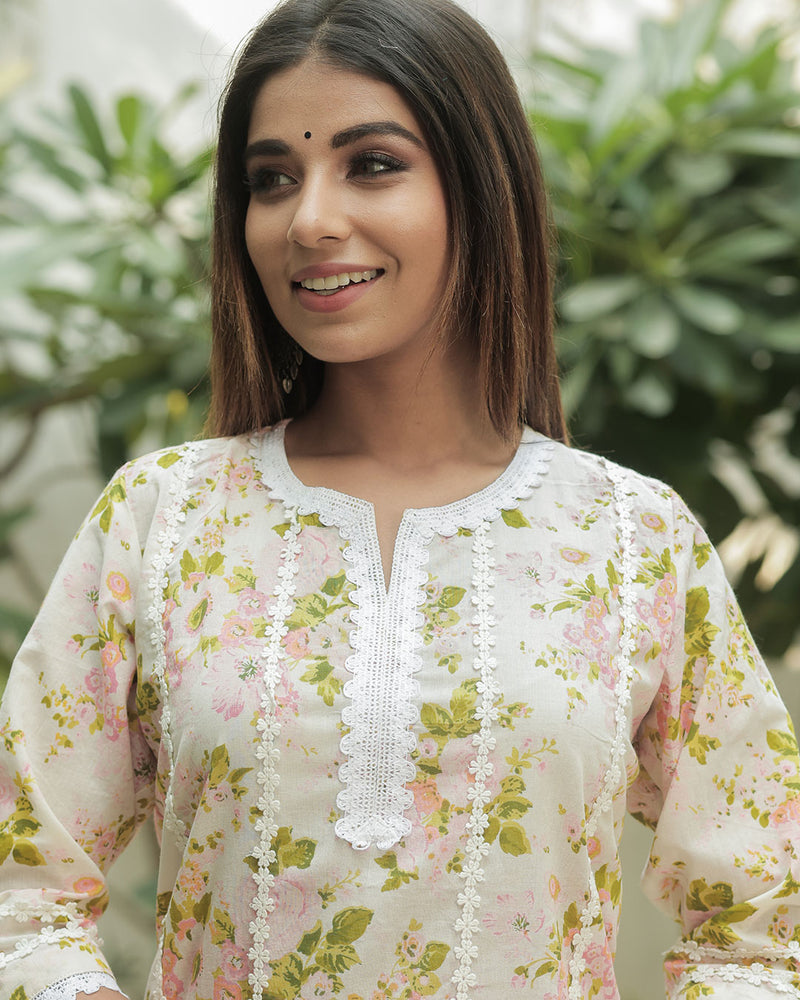 WHITE FLORAL COTTON KURTA WITH LACE
