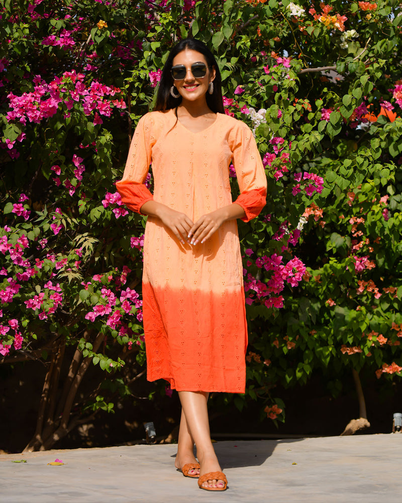 ORANGE TIE & DYE SCHIFFLI DRESS