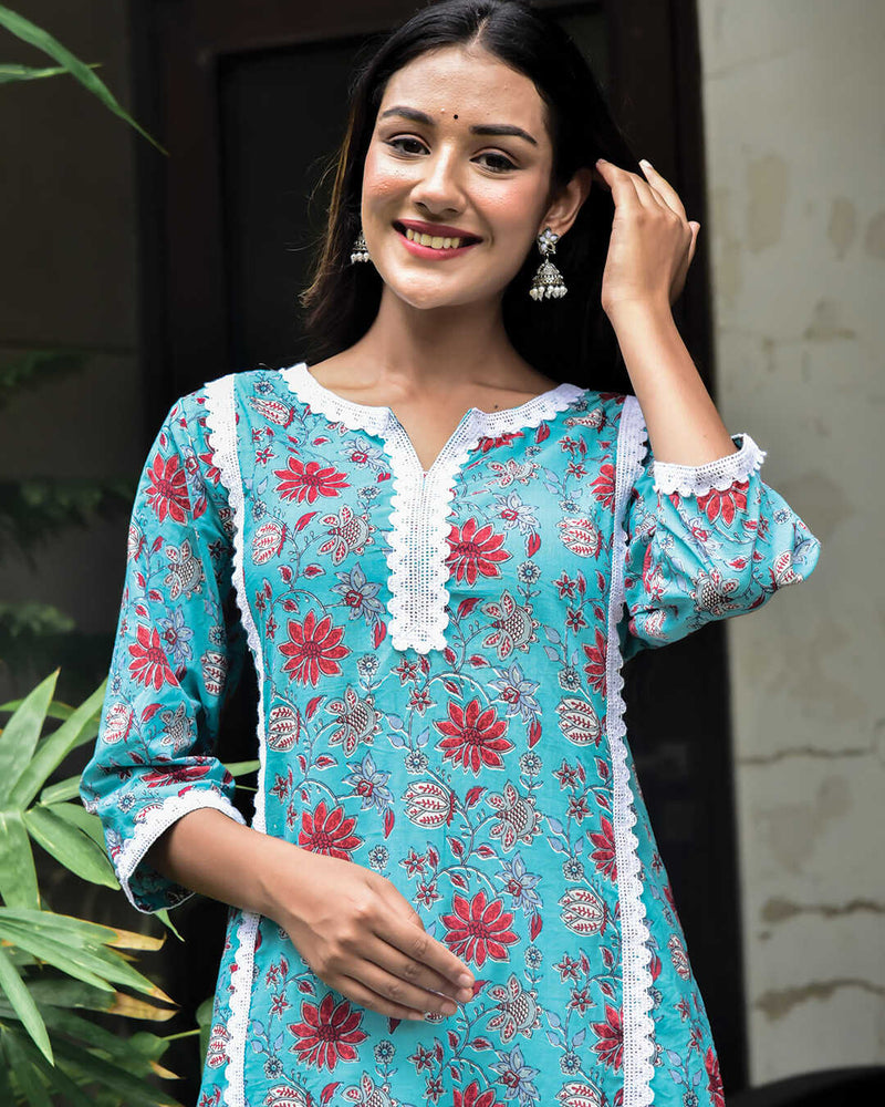 BLUE KURTA WITH LACE
