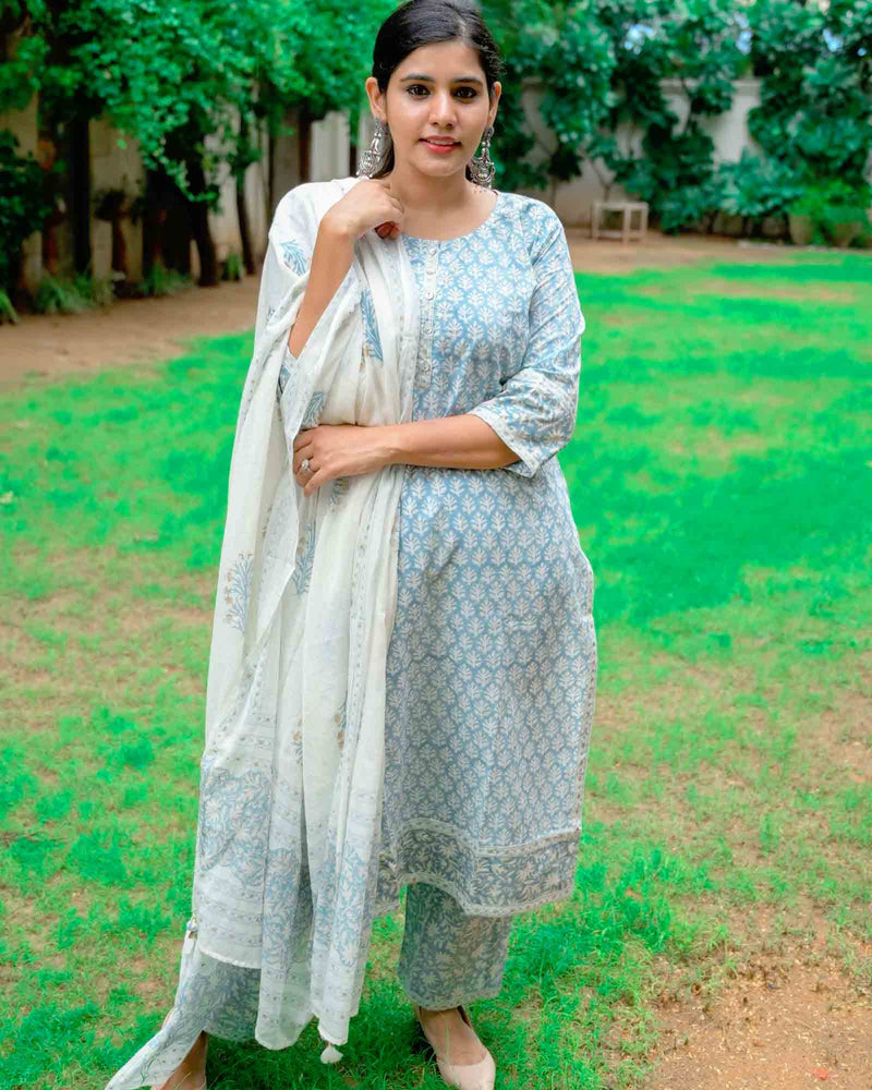 LIGHT BLUE HANDBLOCK SUIT SET