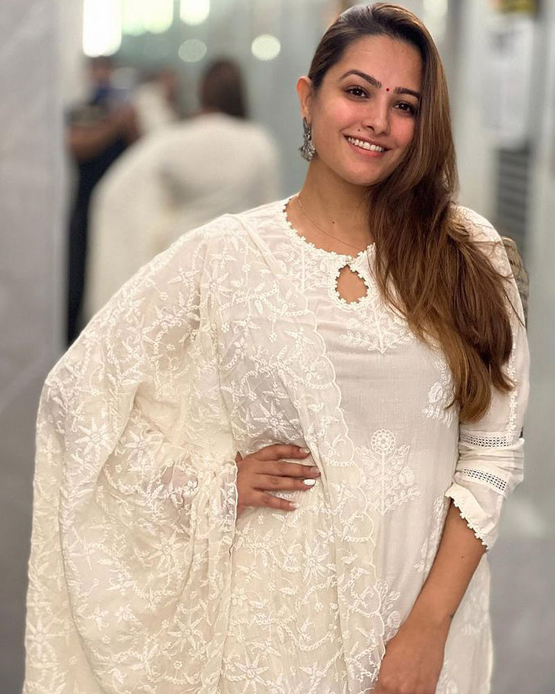 WHITE COTTON SUIT SET WITH EMBROIDERY