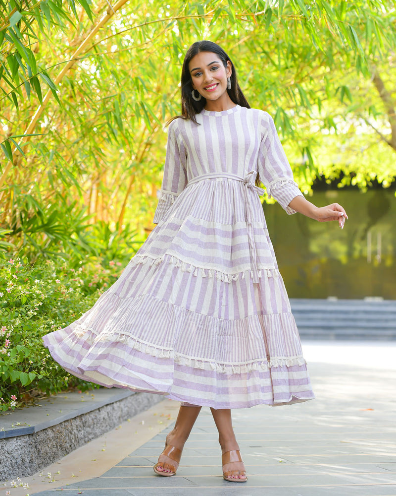 WHITE & PURPLE KHADI COTTON DRESS