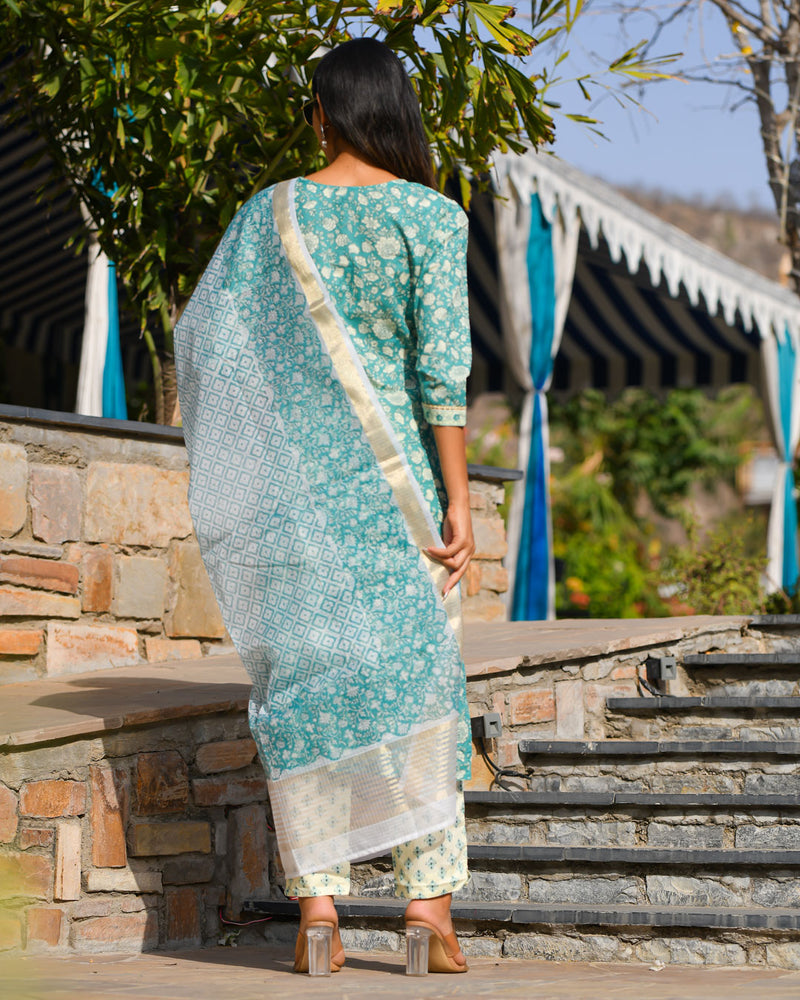 BLUE COTTON SUIT SET WITH KOTA DORIA DUPATTA
