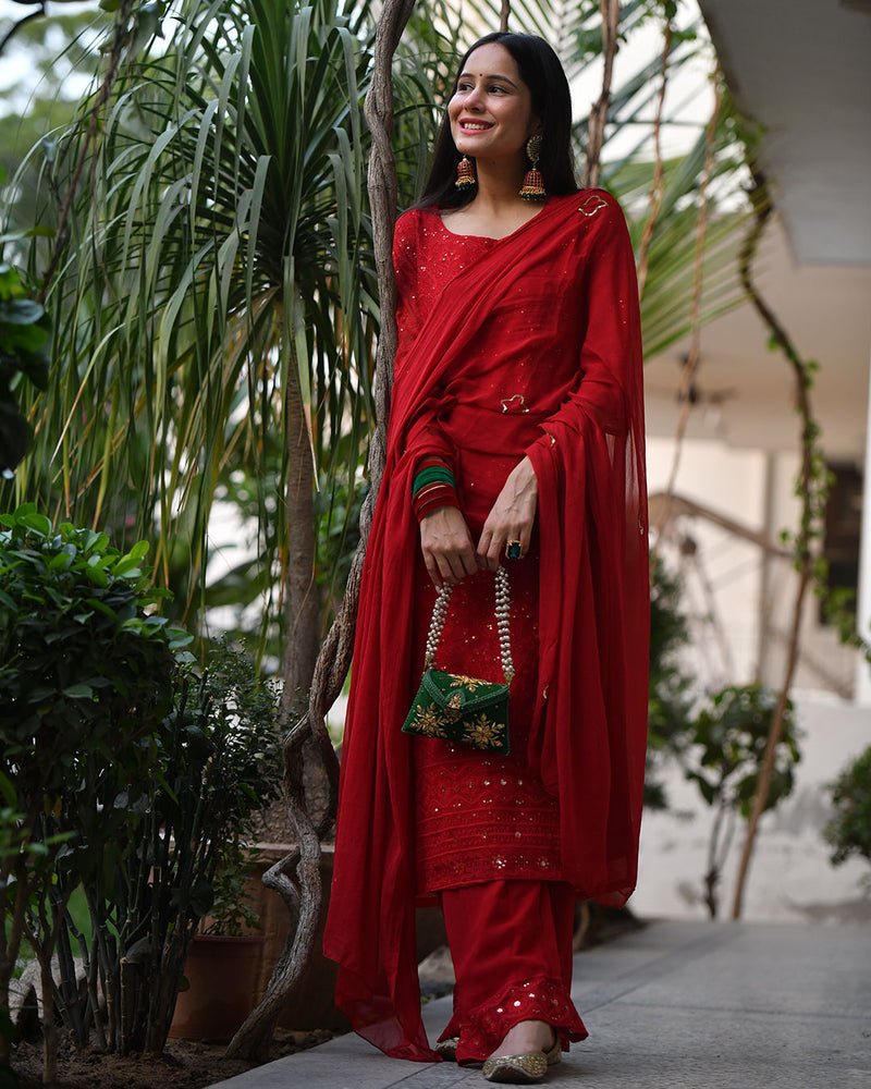 CHERRY RED GEORGETTE EMBROIDERED SUIT SET