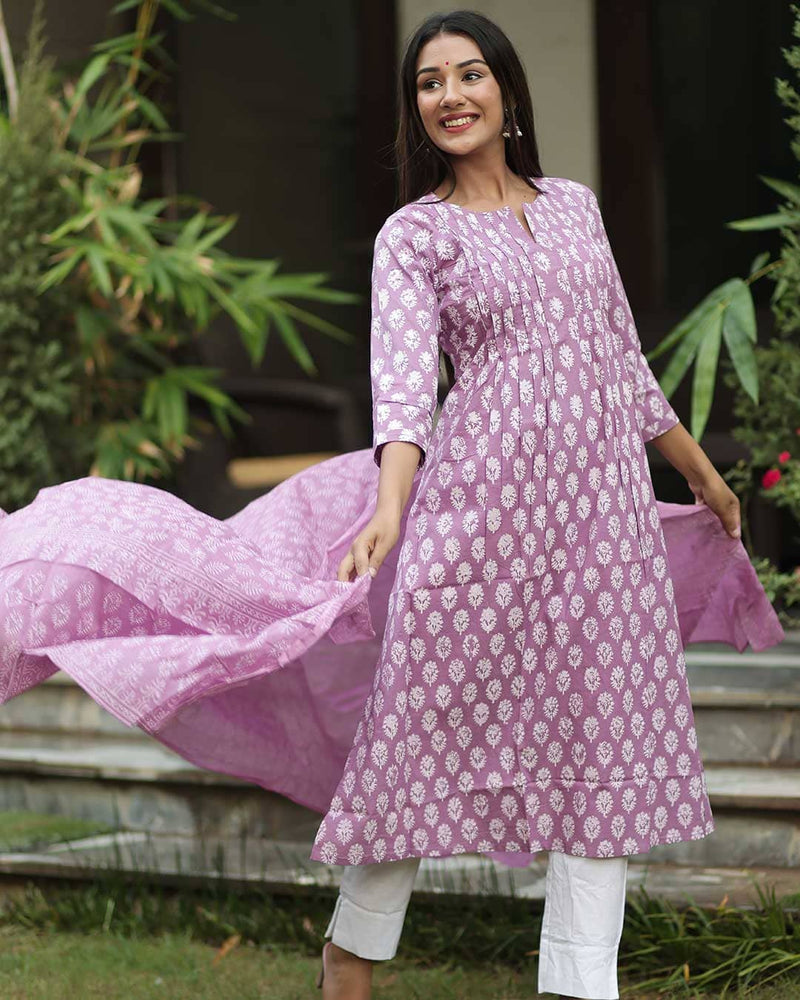 PURPLE & WHITE HANDBLOCK KURTA WITH DUPATTA