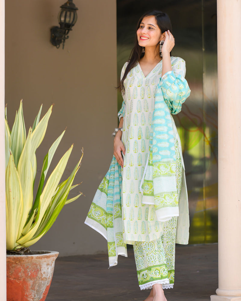GREEN & WHITE COTTON HANDBLOCK SUIT SET