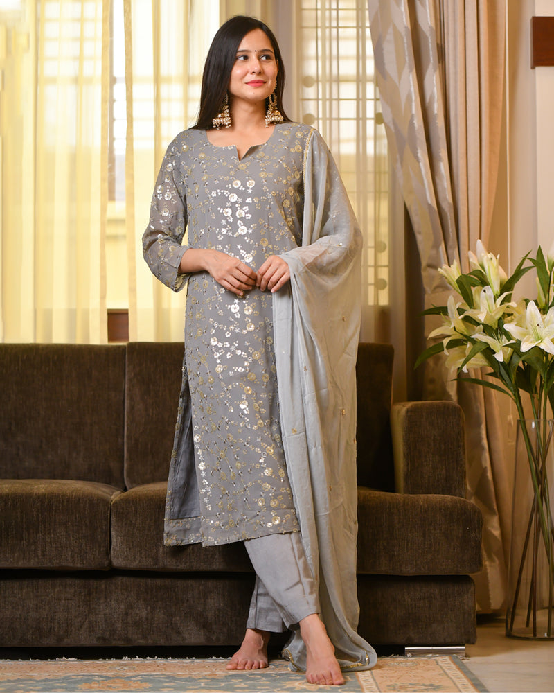 GREY SEQUIN WORK SUIT SET
