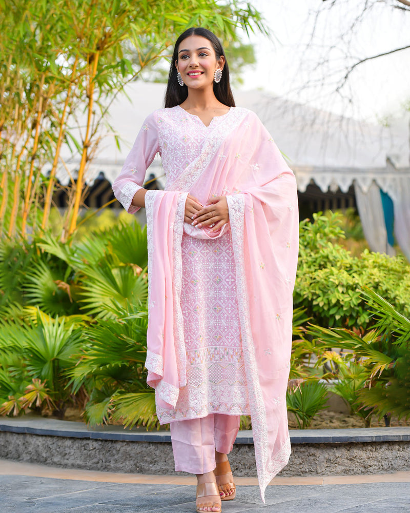 PINK GEORGETTE SUIT SET WITH EMBROIDERY