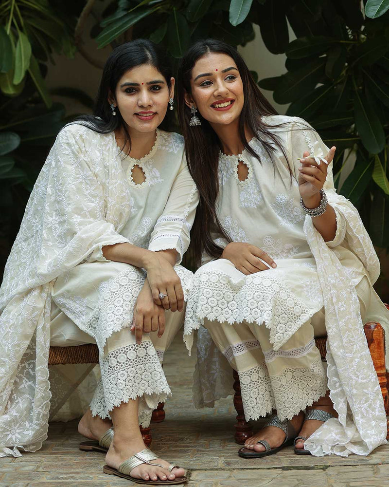WHITE COTTON SUIT SET WITH EMBROIDERY