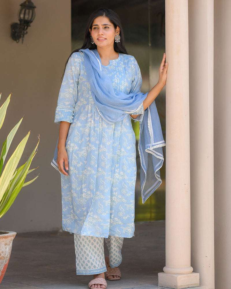 BABY BLUE COTTON HANDBLOCK SUIT SET