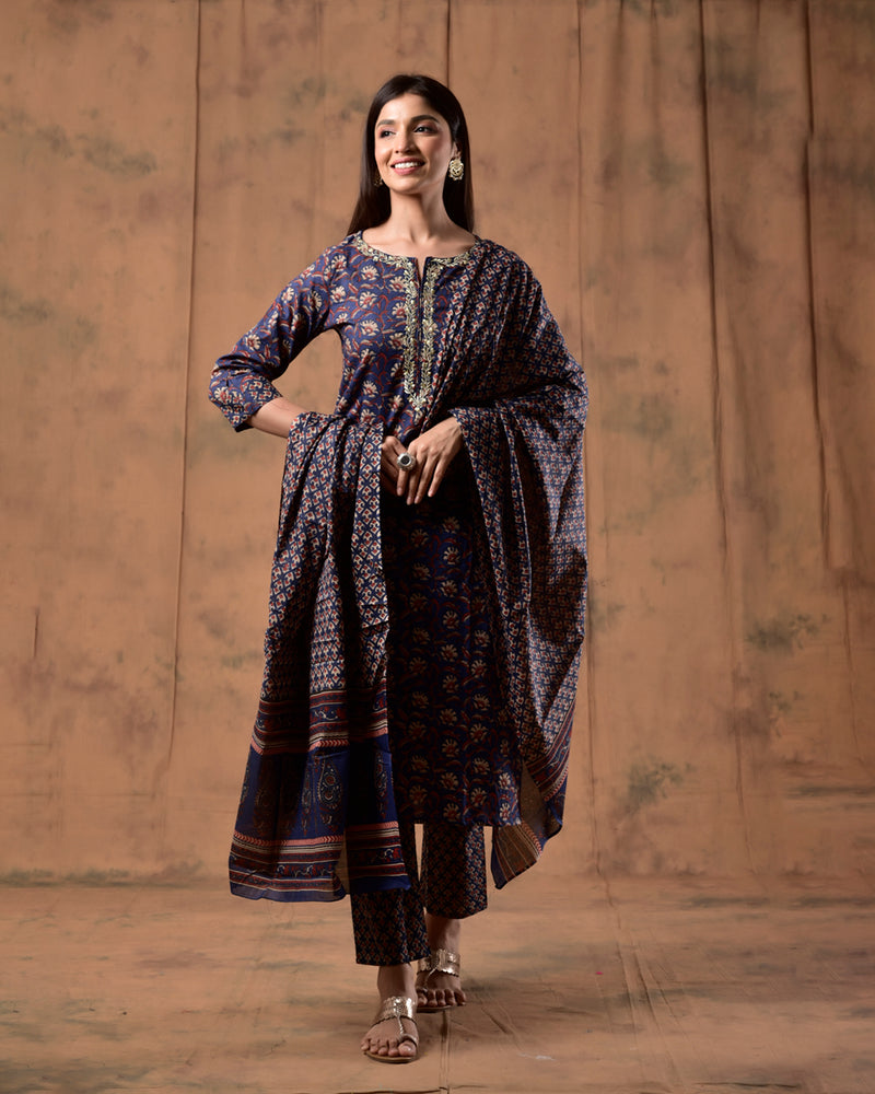 NAVY BLUE STRAIGHT COTTON SUIT SET