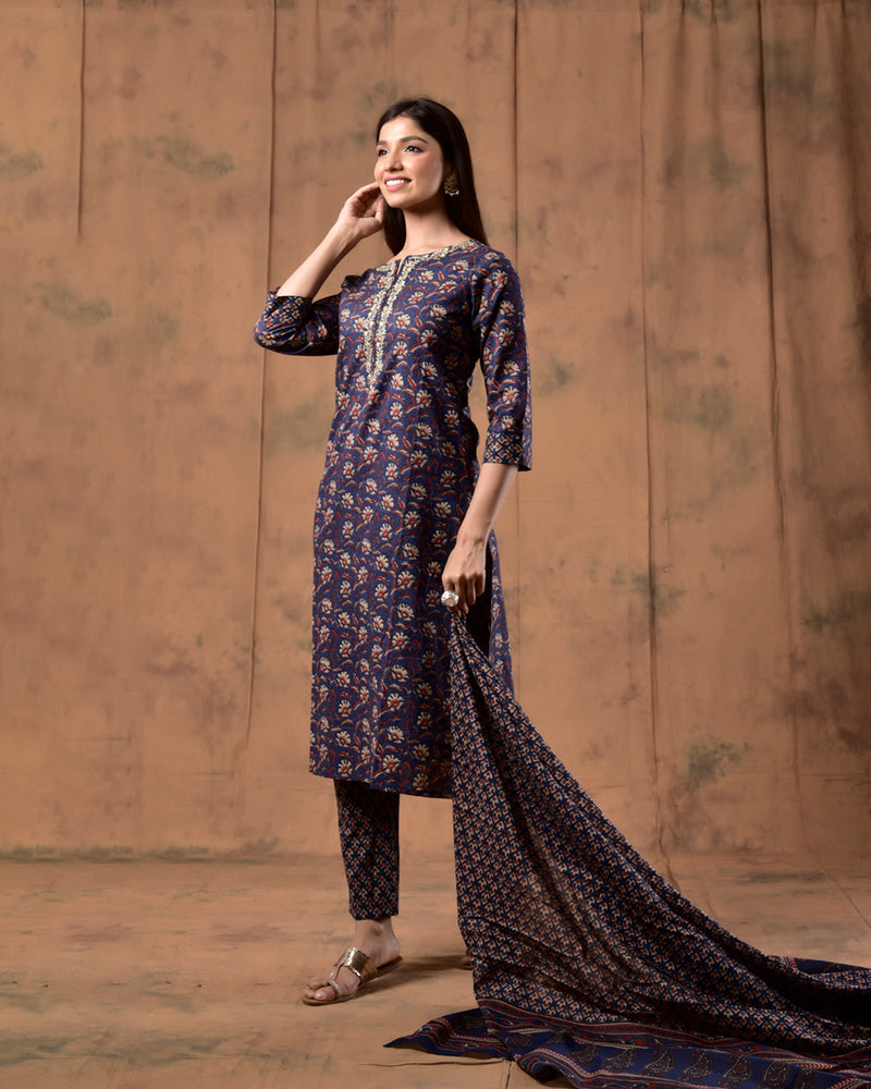 NAVY BLUE STRAIGHT COTTON SUIT SET