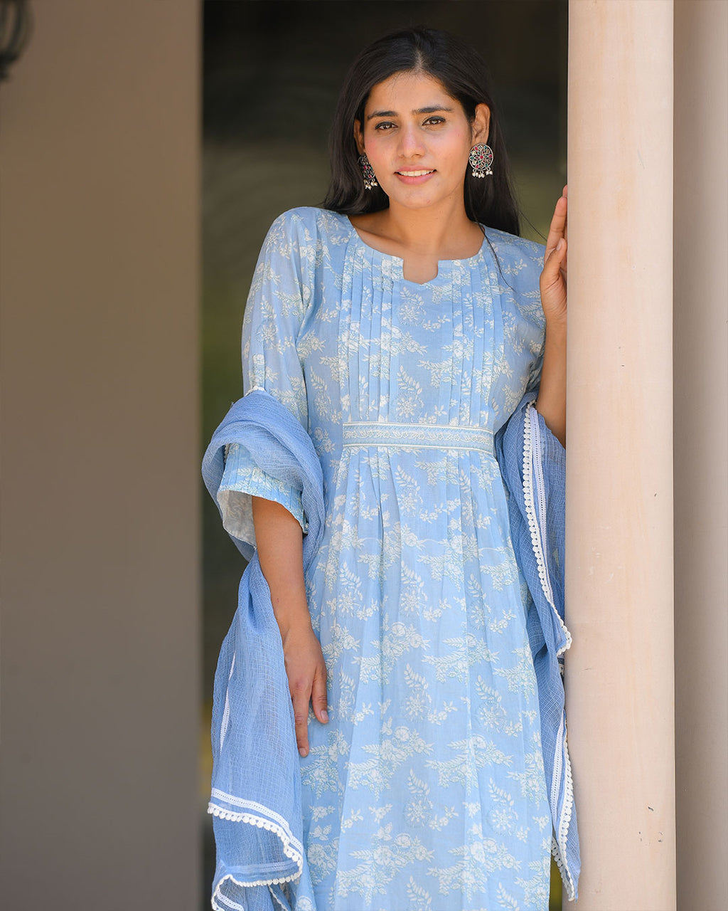 BABY BLUE COTTON HANDBLOCK SUIT SET