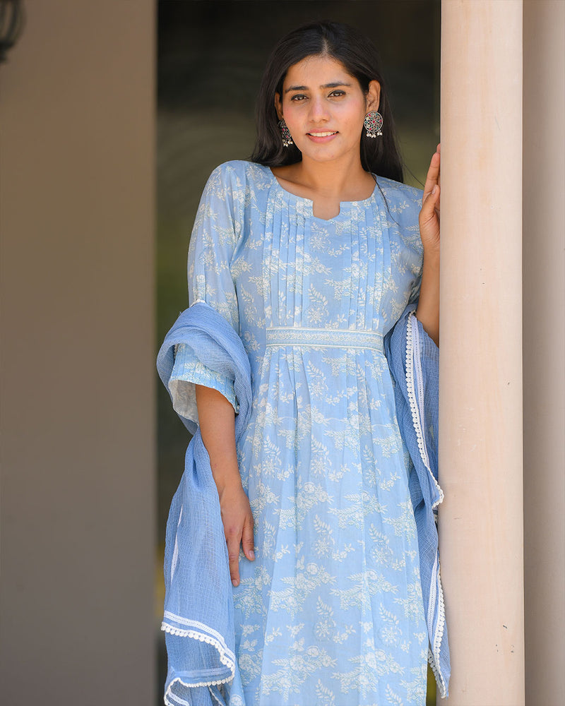 BABY BLUE COTTON HANDBLOCK SUIT SET