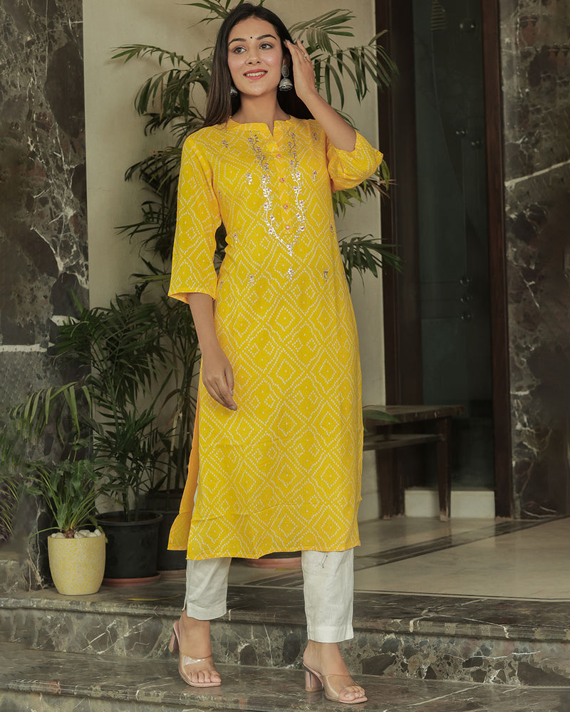 YELLOW RAYON KURTA WITH GOTTA WORK