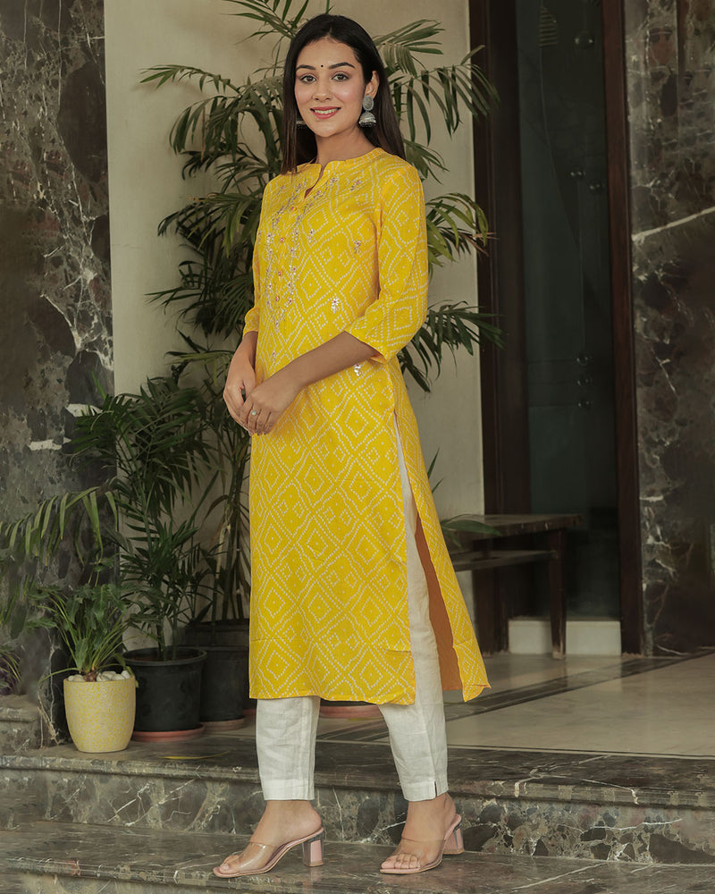 YELLOW RAYON KURTA WITH GOTTA WORK