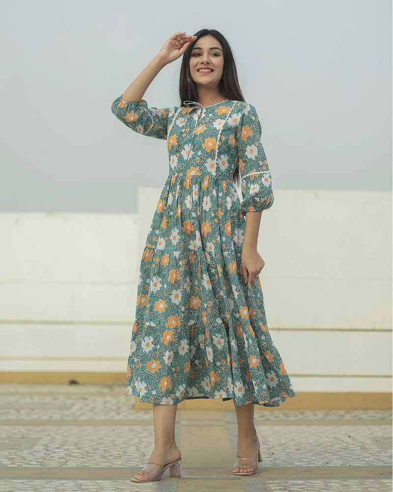 SAGE GREEN COTTON HANDBLOCK DRESS